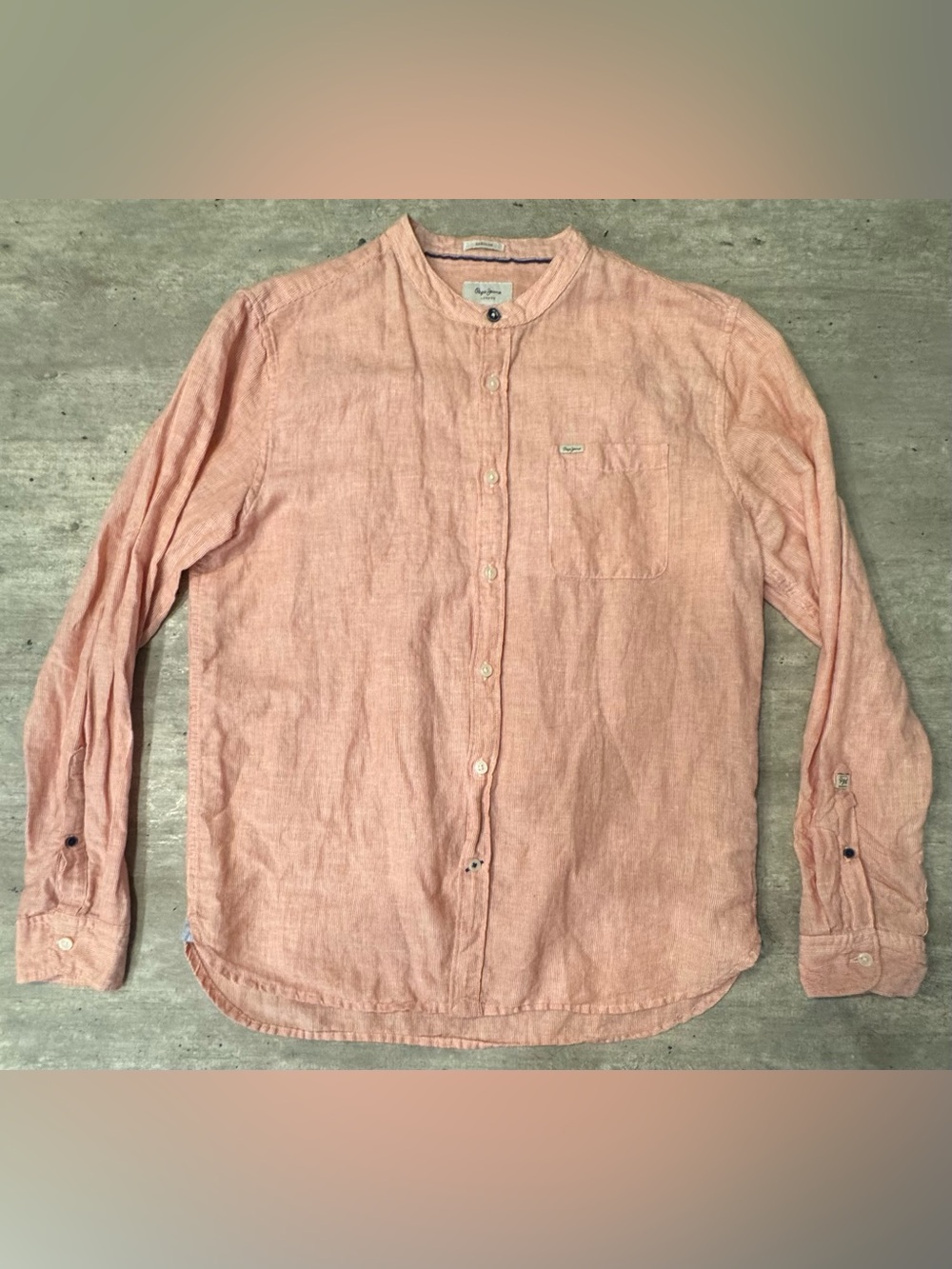 Pepe Jeans London Linen Blend Band Collar Button Down Shirt Coral Stripe Men’s M